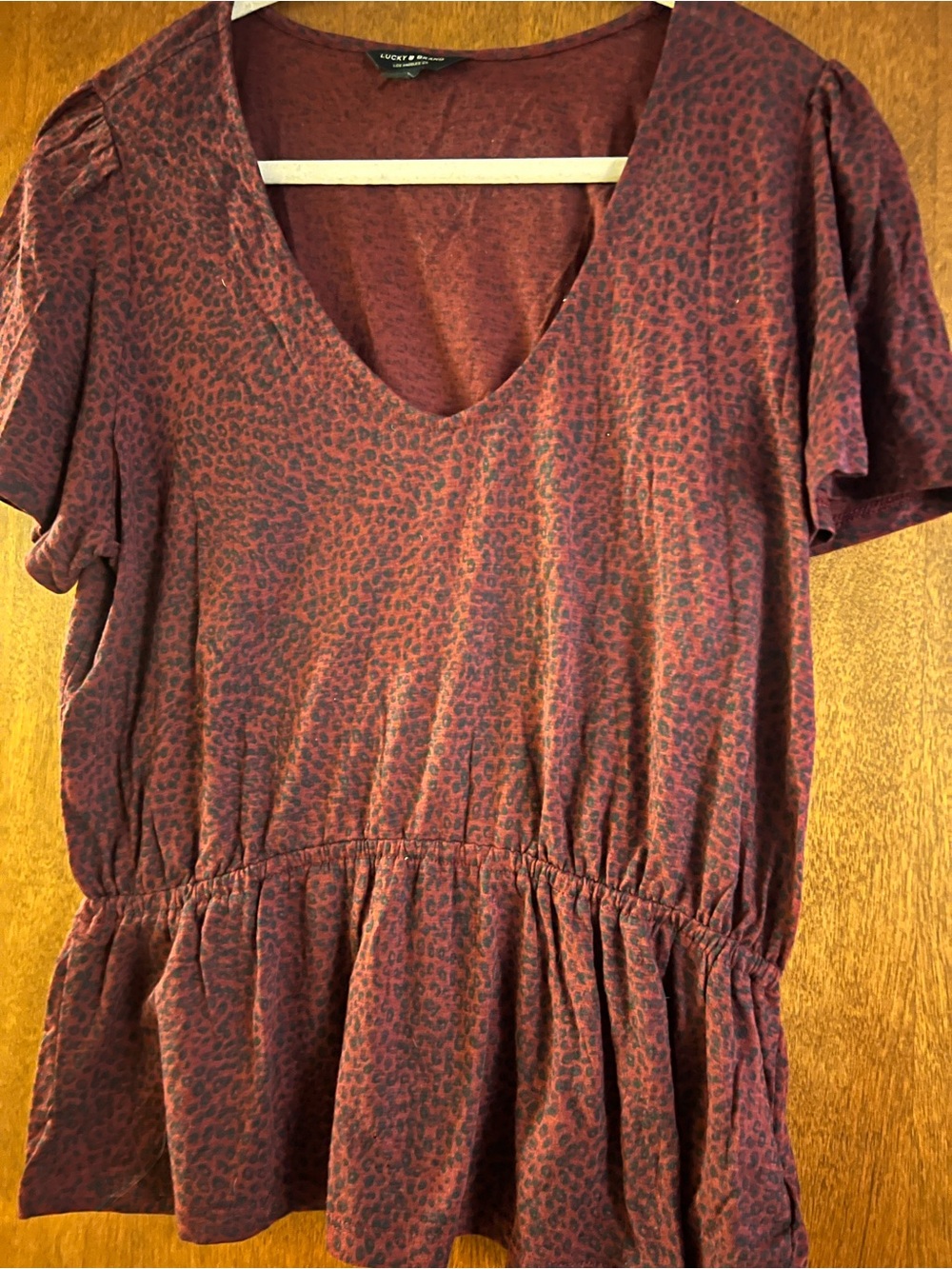 Lucky Brand Burgundy and Black Leopard-Print Peplum Top